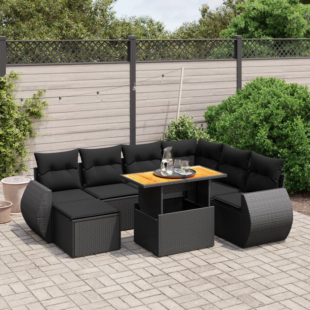 8 pcs conjunto sofás de jardim com almofadões vime PE preto