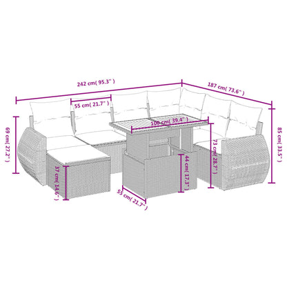 8 pcs conjunto de sofás p/ jardim com almofadões vime PE bege