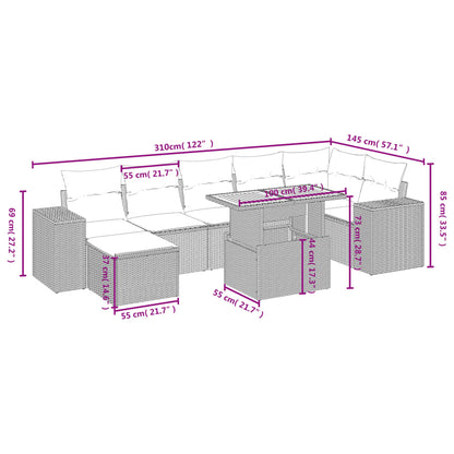 8 pcs conjunto sofás de jardim com almofadões vime PE preto