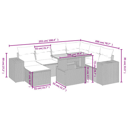 8 pcs conjunto de sofás p/ jardim com almofadões vime PE bege