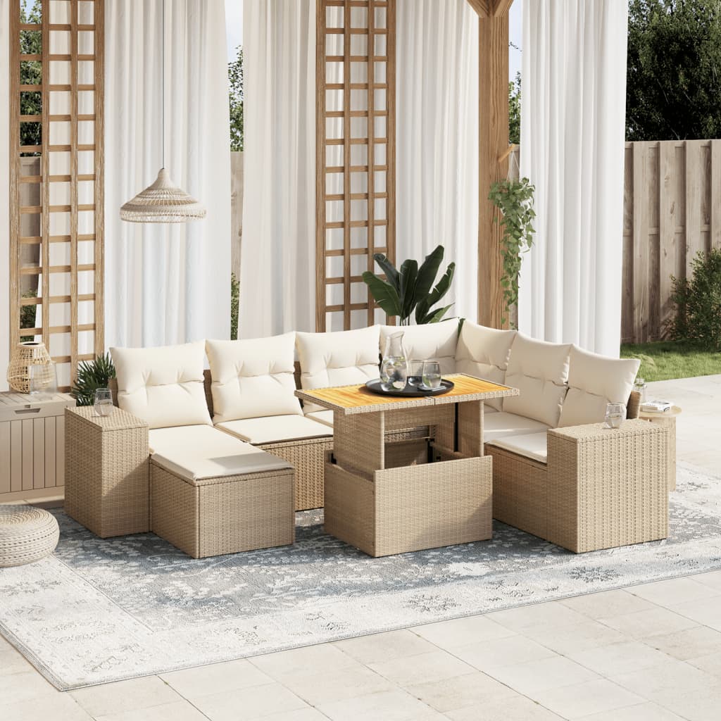 8 pcs conjunto de sofás p/ jardim com almofadões vime PE bege