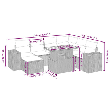 8 pcs conjunto sofás de jardim c/ almofadões vime PE cinzento