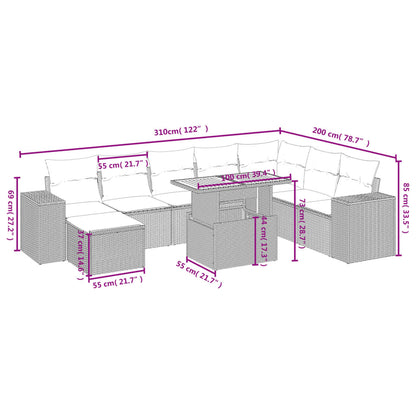 9 pcs conjunto de sofás p/ jardim com almofadões vime PE bege