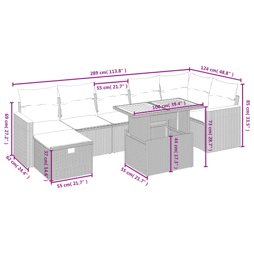 8 pcs conjunto de sofás p/ jardim com almofadões vime PE bege