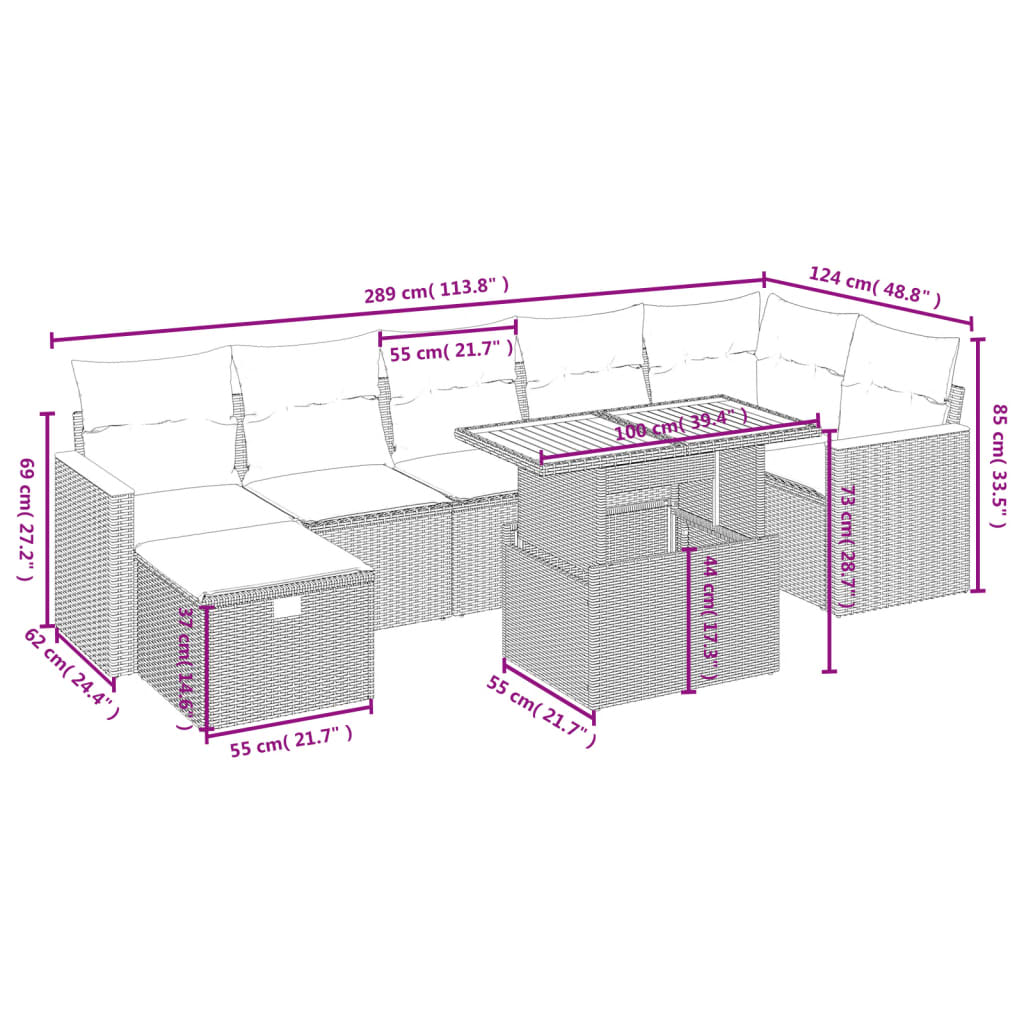 8 pcs conjunto de sofás p/ jardim com almofadões vime PE bege