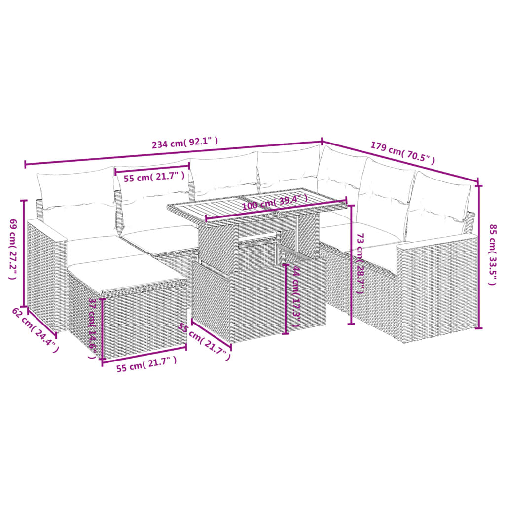 8 pcs conjunto de sofás p/ jardim com almofadões vime PE bege