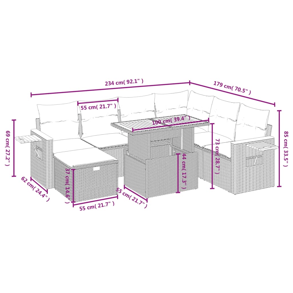 8 pcs conjunto sofás de jardim com almofadões vime PE preto