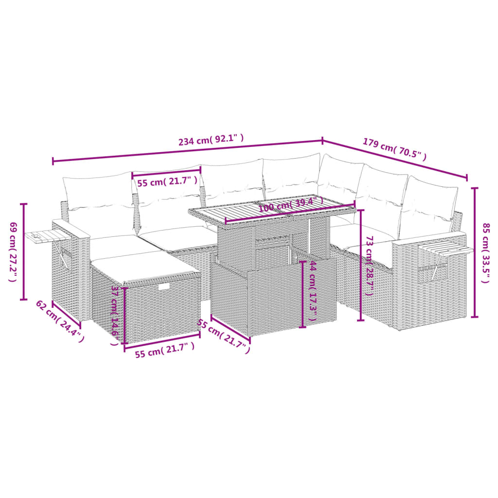 8 pcs conjunto de sofás p/ jardim com almofadões vime PE bege