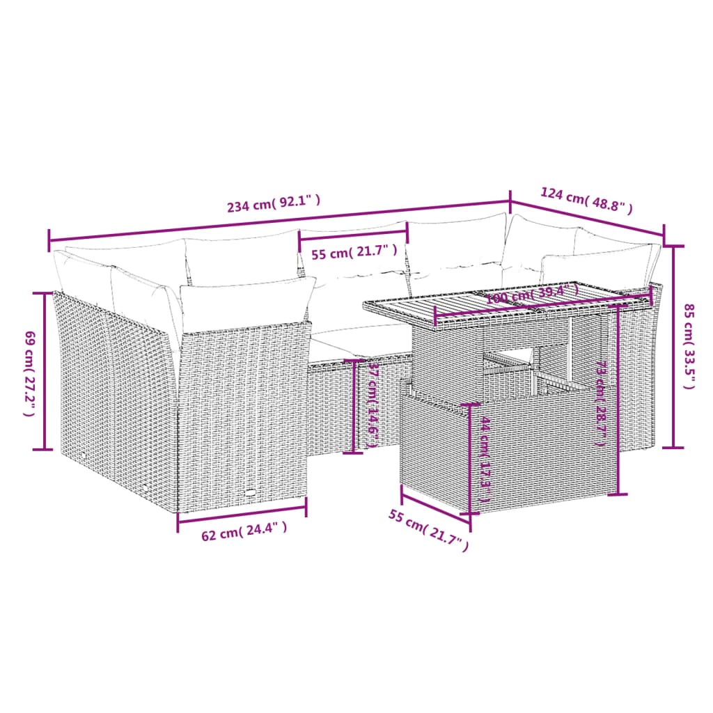 7 pcs conjunto de sofás p/ jardim c/ almofadões vime PE preto