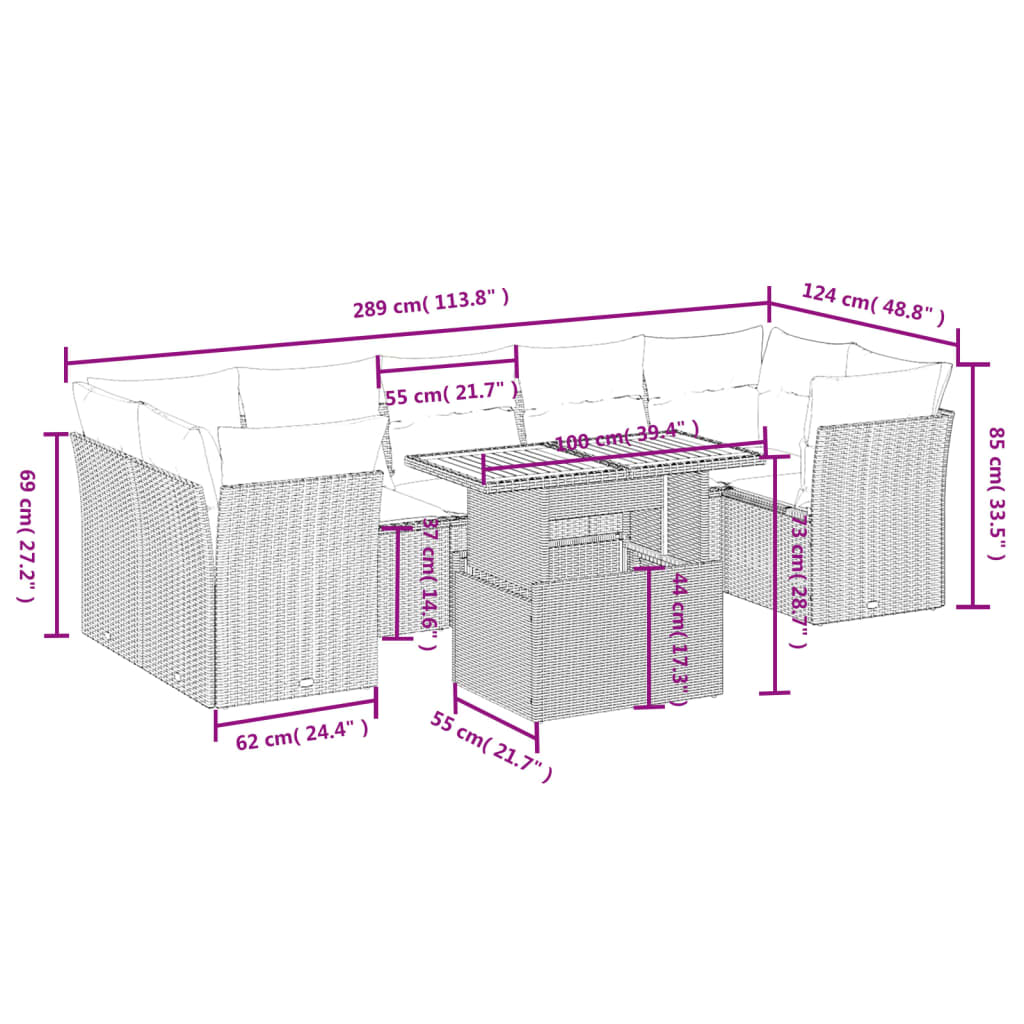 8 pcs conjunto de sofás p/ jardim com almofadões vime PE bege