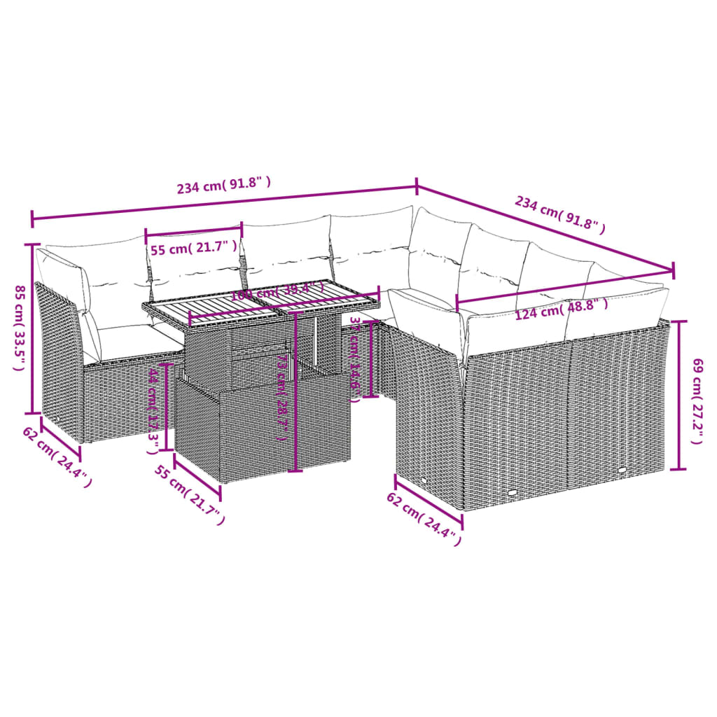 9 pcs conjunto de sofás p/ jardim com almofadões vime PE bege