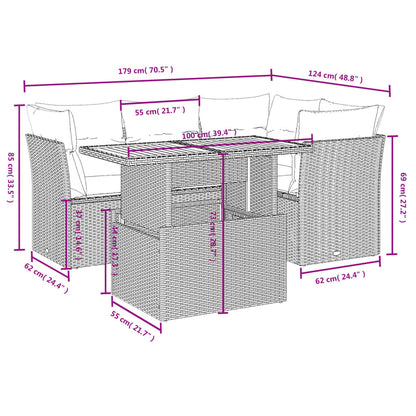 5 pcs conjunto de sofás p/ jardim com almofadões vime PE bege