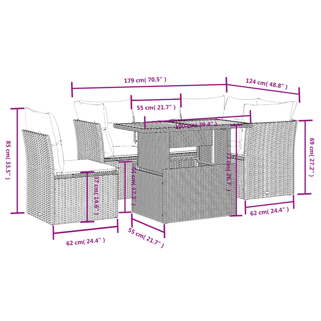 5 pcs conjunto sofás de jardim com almofadões vime PE preto