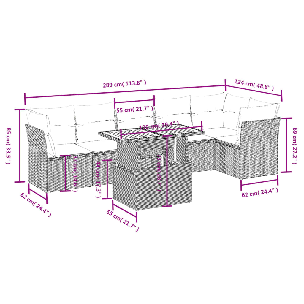 7 pcs conjunto de sofás p/ jardim com almofadões vime PE bege