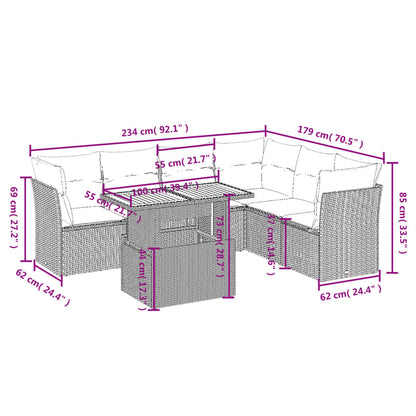 7 pcs conjunto de sofás p/ jardim c/ almofadões vime PE preto