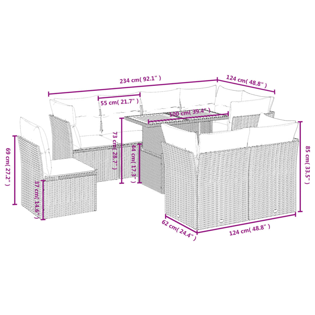 9 pcs conjunto de sofás p/ jardim com almofadões vime PE bege