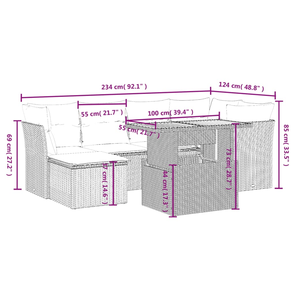 7 pcs conjunto sofás p/ jardim c/ almofadões vime PE cinzento