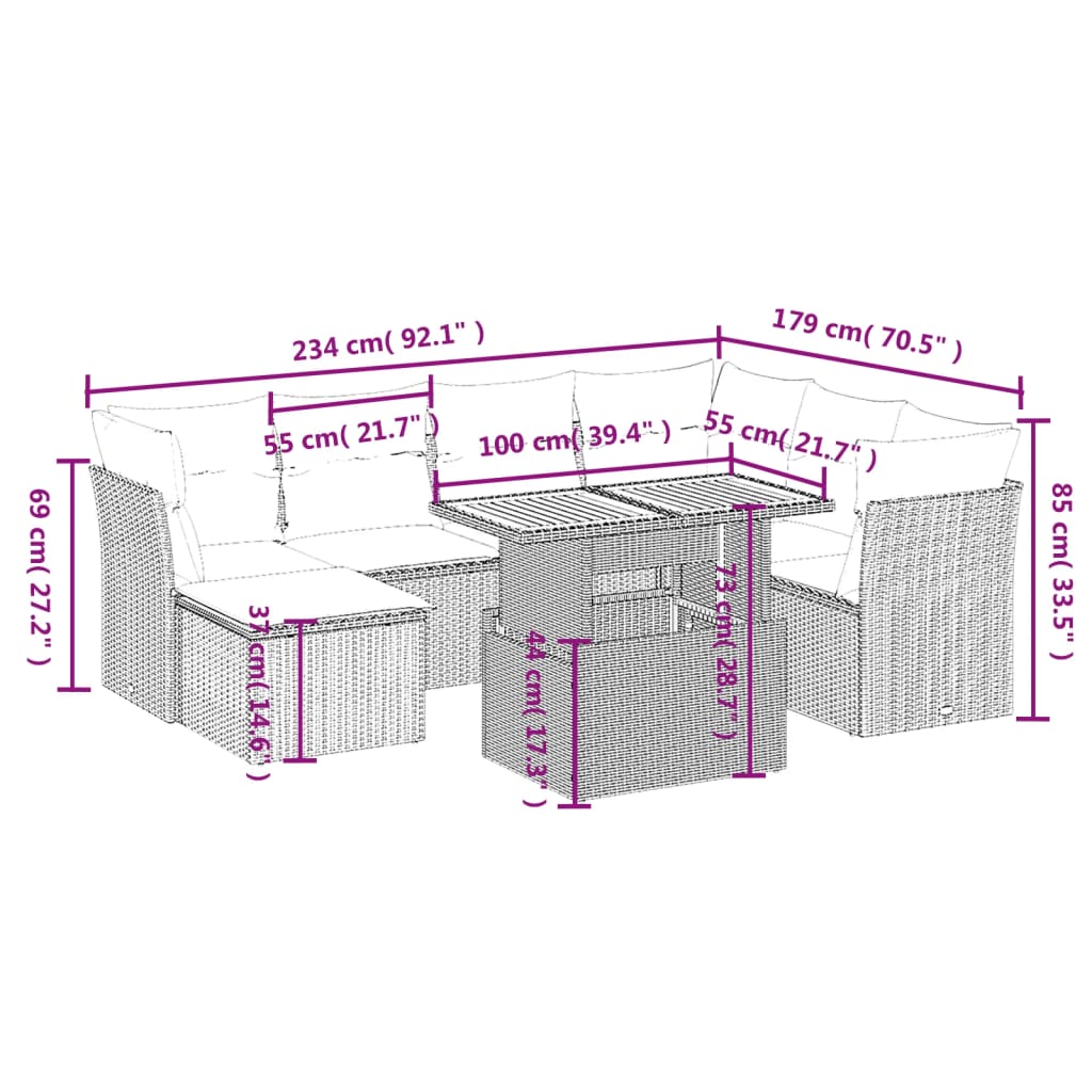 8 pcs conjunto sofás de jardim com almofadões vime PE preto