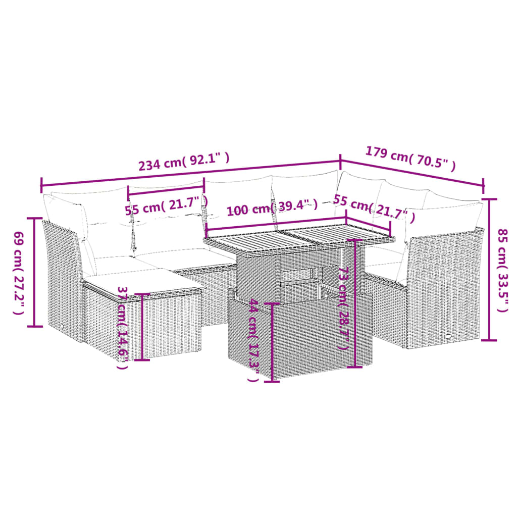 8 pcs conjunto de sofás p/ jardim com almofadões vime PE bege