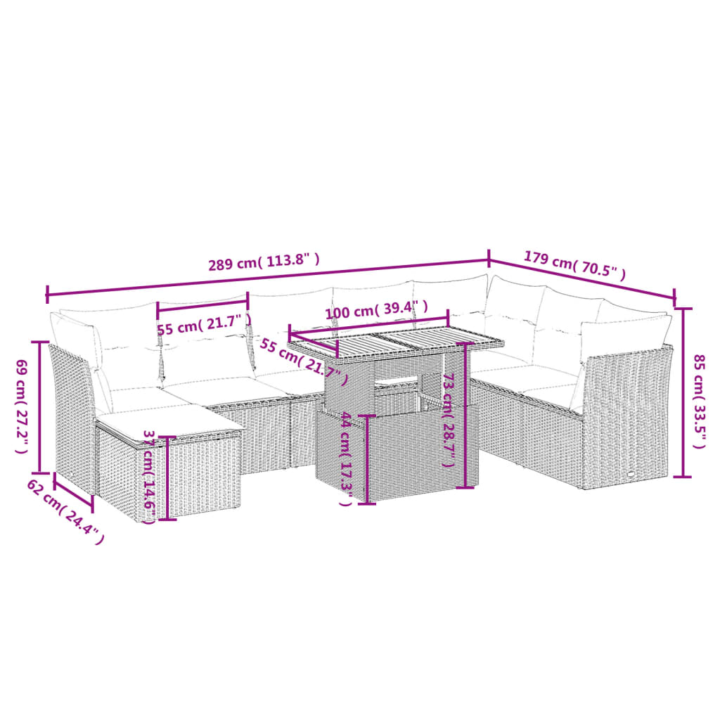 9 pcs conjunto de sofás p/ jardim c/ almofadões vime PE preto