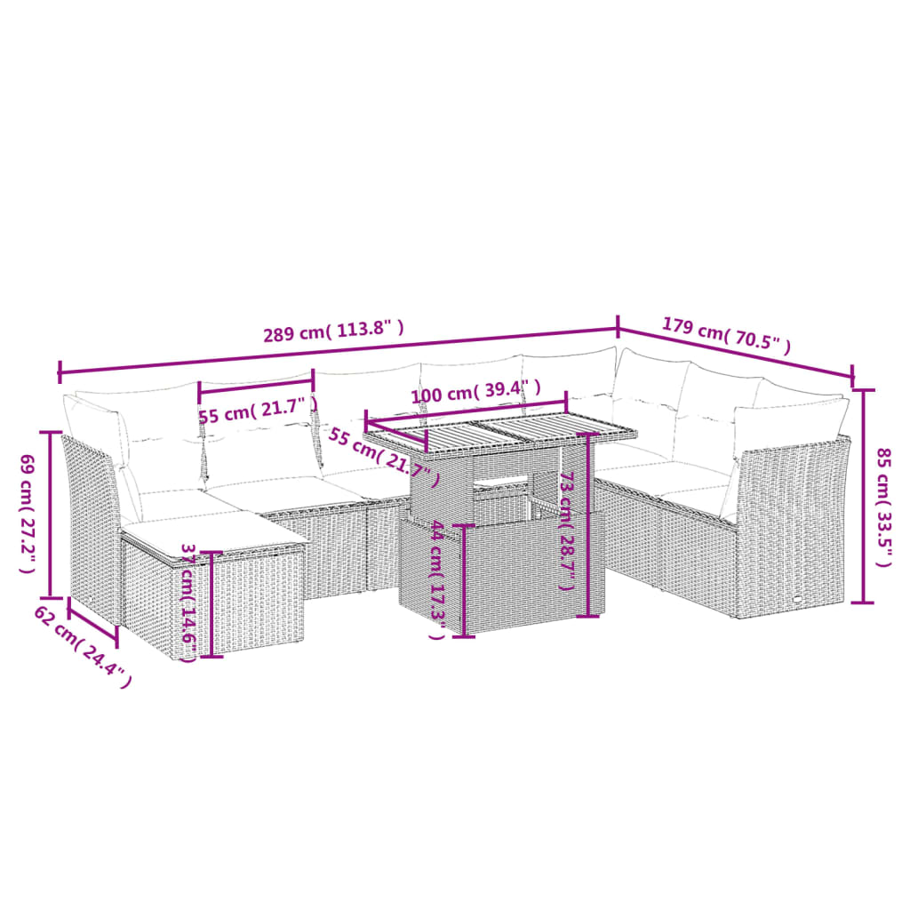 9 pcs conjunto de sofás p/ jardim com almofadões vime PE bege