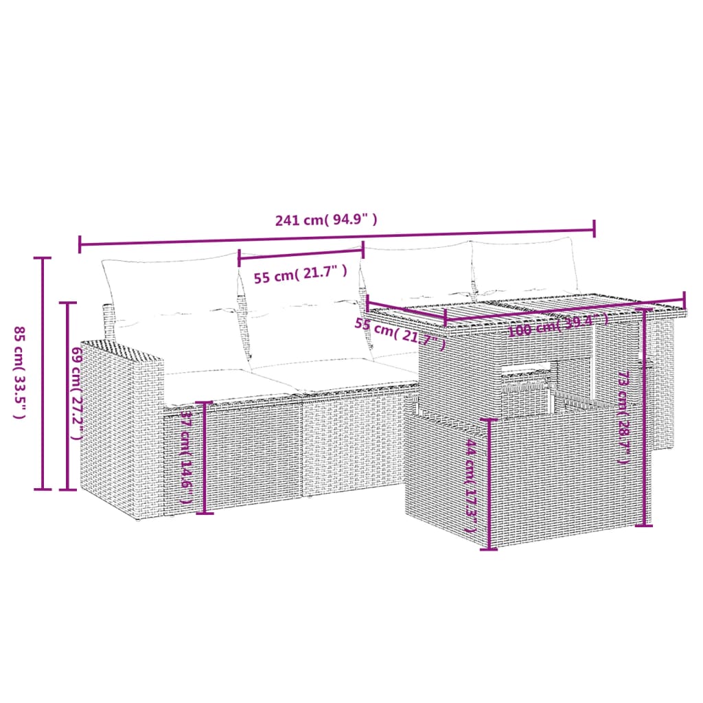 5 pcs conjunto sofás de jardim com almofadões vime PE preto