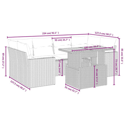 7 pcs conjunto de sofás p/ jardim com almofadões vime PE bege