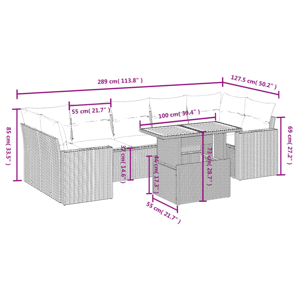 8 pcs conjunto sofás de jardim com almofadões vime PE preto