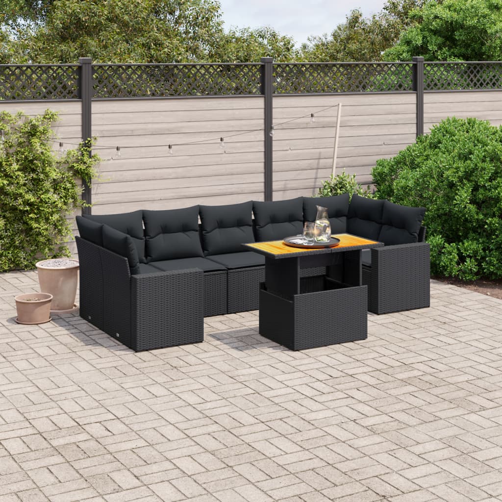 8 pcs conjunto sofás de jardim com almofadões vime PE preto