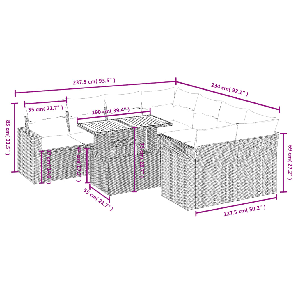 9 pcs conjunto de sofás p/ jardim com almofadões vime PE bege