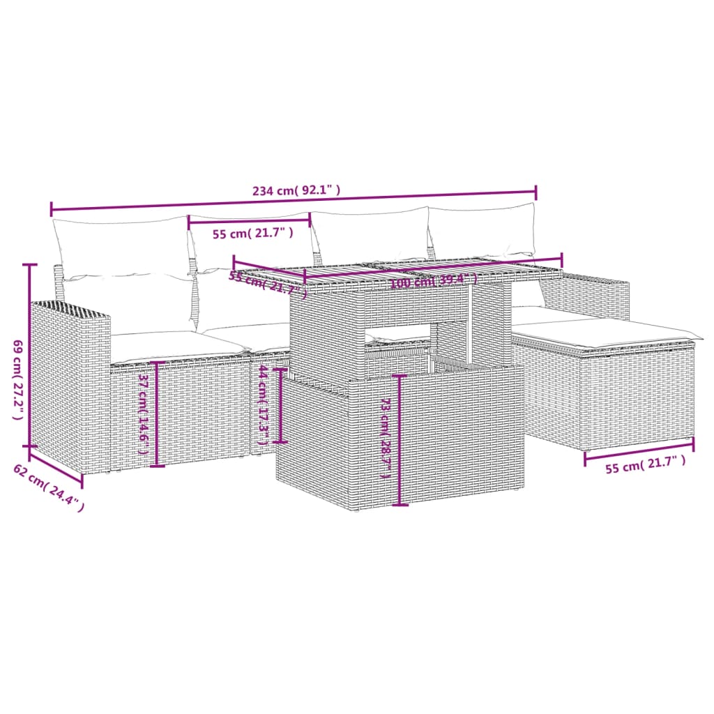 6 pcs conjunto sofás de jardim c/ almofadões vime PE preto