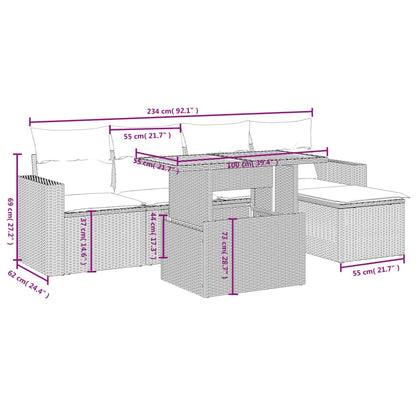 6 pcs conjunto sofás de jardim c/ almofadões vime PE preto