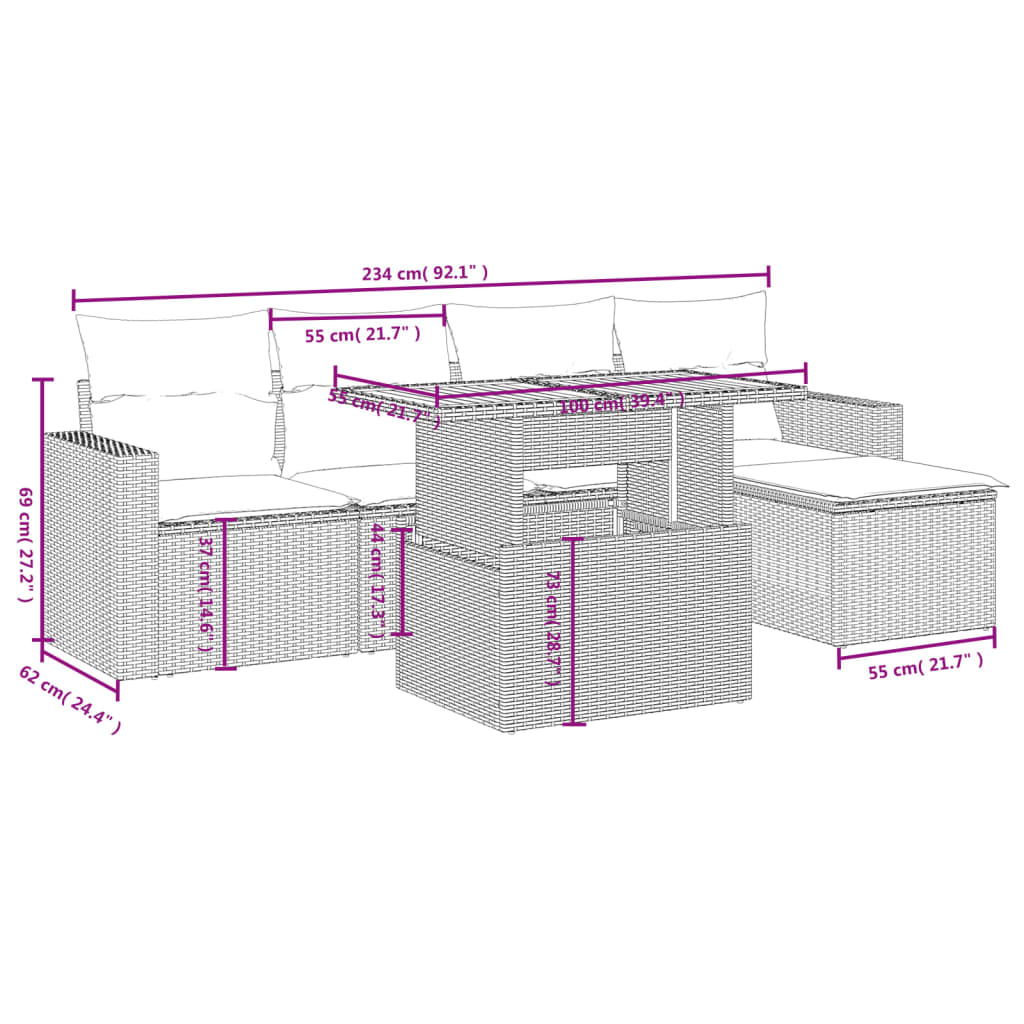 6 pcs conjunto de sofás p/ jardim com almofadões vime PE bege