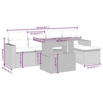 6 pcs conjunto de sofás p/ jardim com almofadões vime PE bege