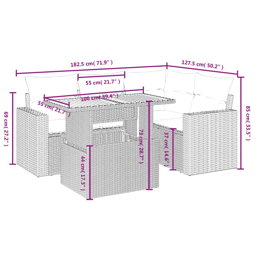 5 pcs conjunto sofás de jardim com almofadões vime PE preto