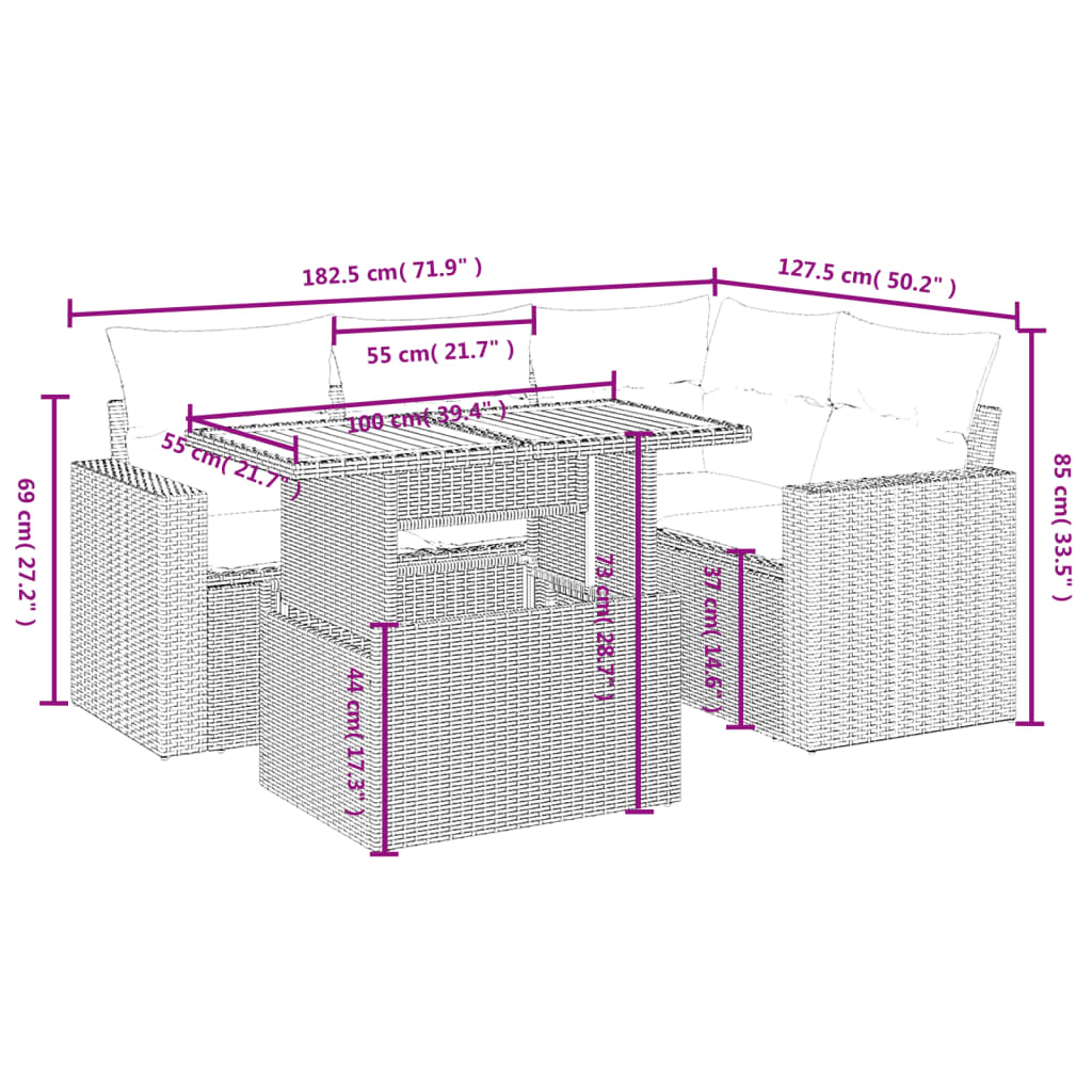 5 pcs conjunto sofás de jardim c/ almofadões vime PE cinzento