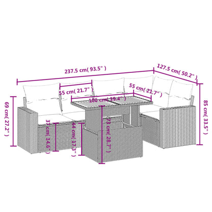 6 pcs conjunto sofás de jardim c/ almofadões vime PE preto