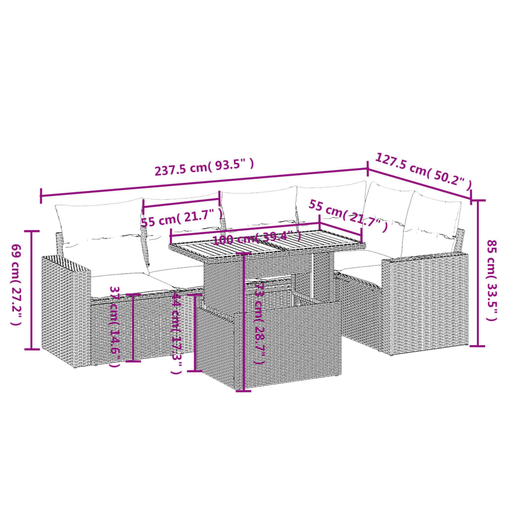 6 pcs conjunto de sofás p/ jardim com almofadões vime PE bege