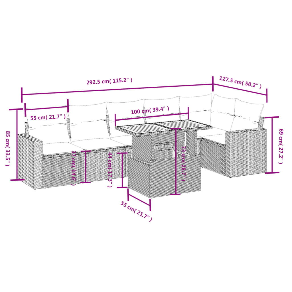 7 pcs conjunto de sofás p/ jardim c/ almofadões vime PE preto