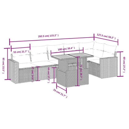 7 pcs conjunto sofás p/ jardim c/ almofadões vime PE cinzento