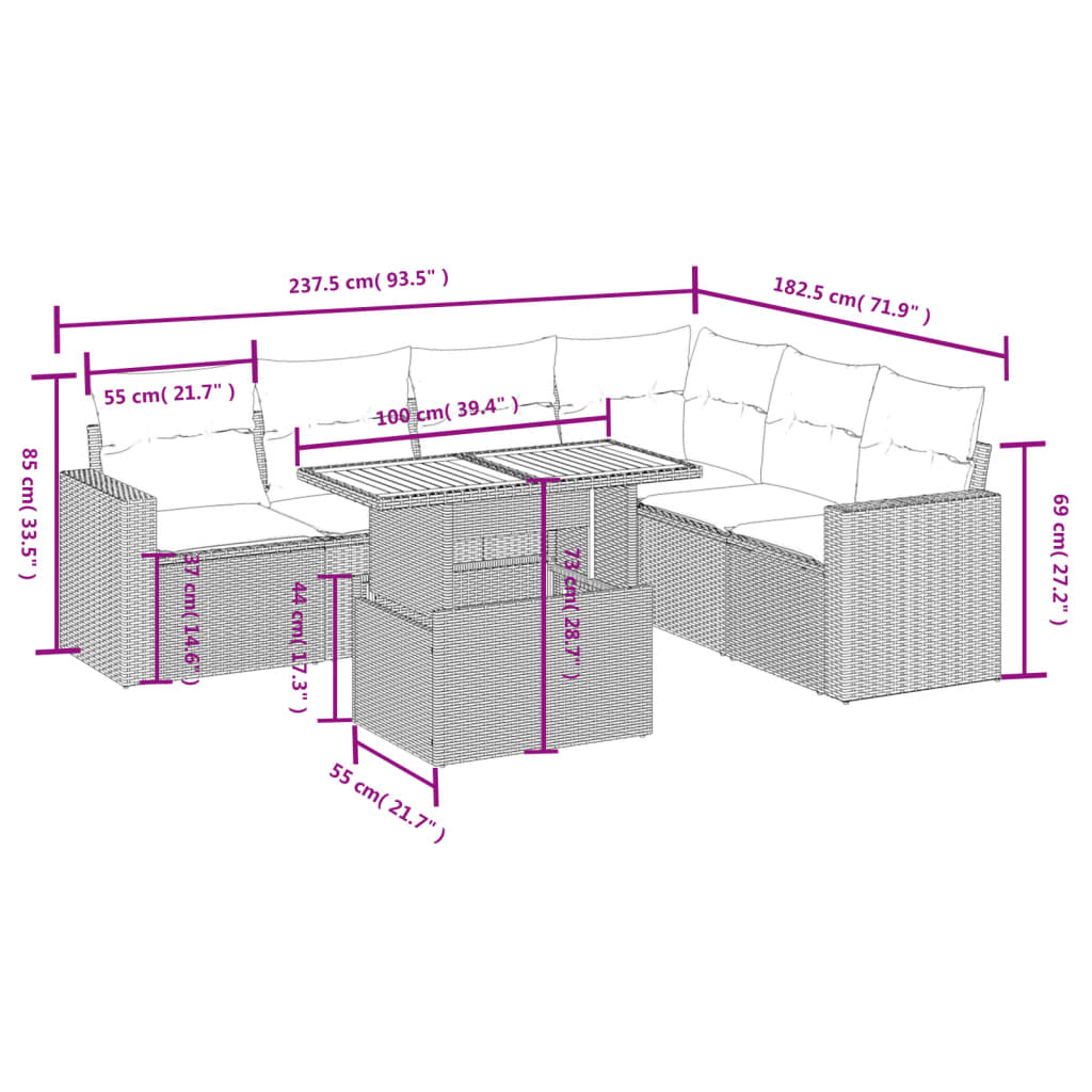 7 pcs conjunto sofás p/ jardim c/ almofadões vime PE cinzento