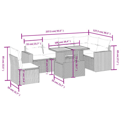 7 pcs conjunto de sofás p/ jardim c/ almofadões vime PE preto