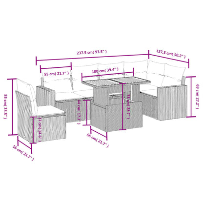 7 pcs conjunto de sofás p/ jardim com almofadões vime PE bege