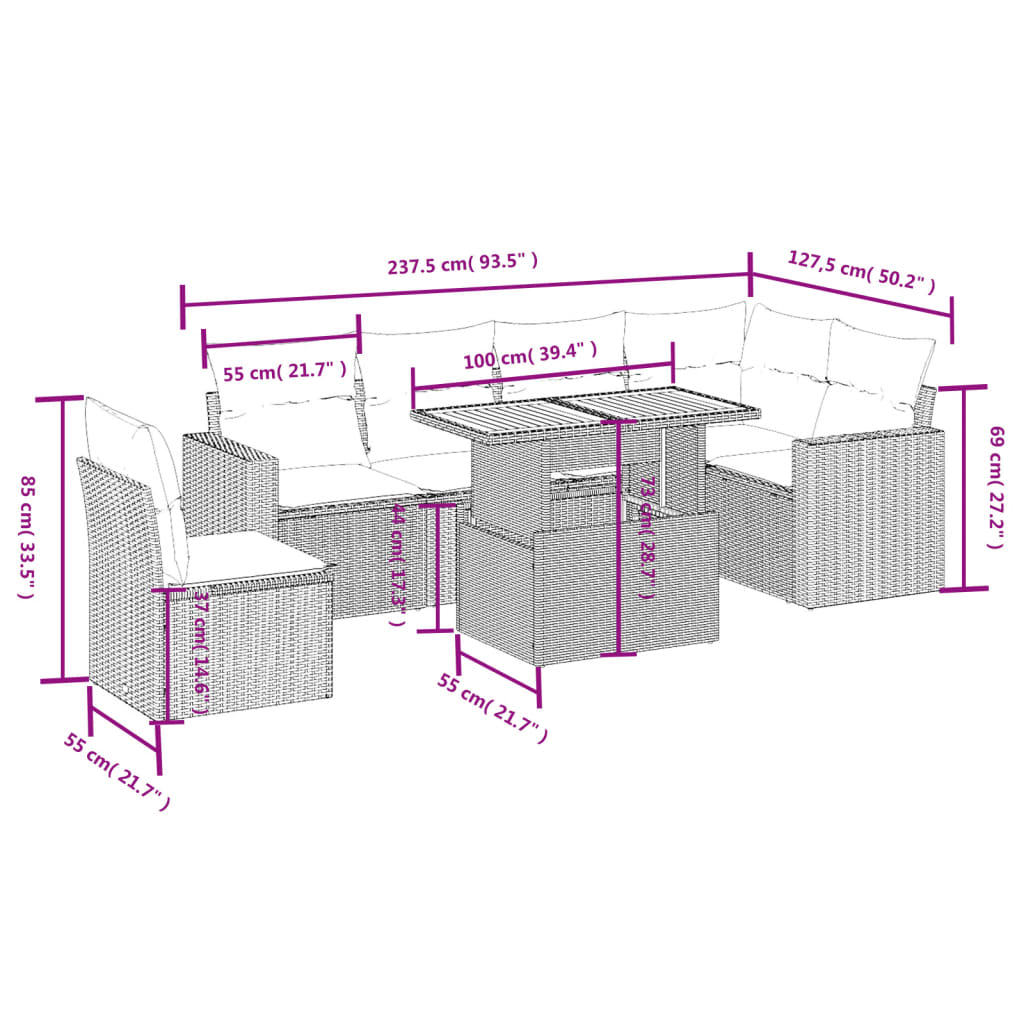 7 pcs conjunto sofás p/ jardim c/ almofadões vime PE cinzento