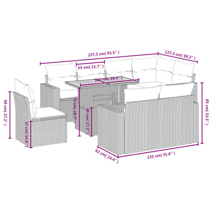 9 pcs conjunto sofás p/ jardim com almofadões vime PE cinzento