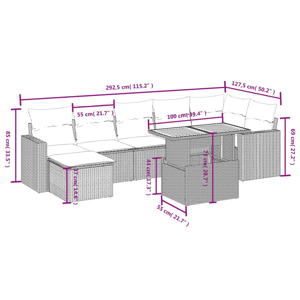 8 pcs conjunto sofás de jardim com almofadões vime PE preto