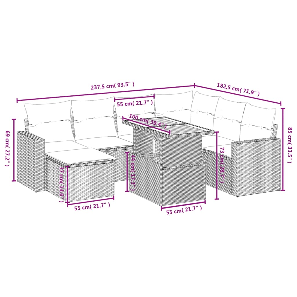 8 pcs conjunto de sofás p/ jardim com almofadões vime PE bege