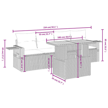 5 pcs conjunto sofás de jardim c/ almofadões vime PE cinzento