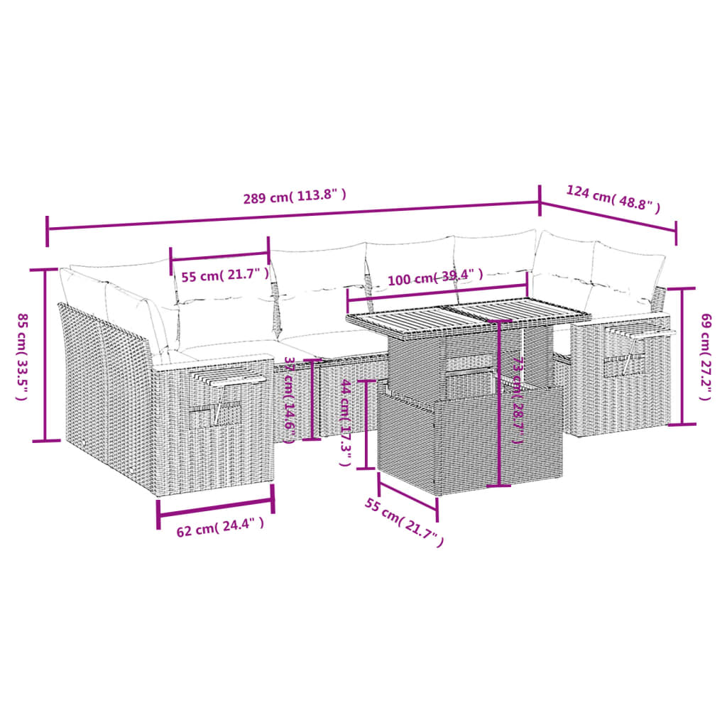 8 pcs conjunto sofás de jardim c/ almofadões vime PE cinzento