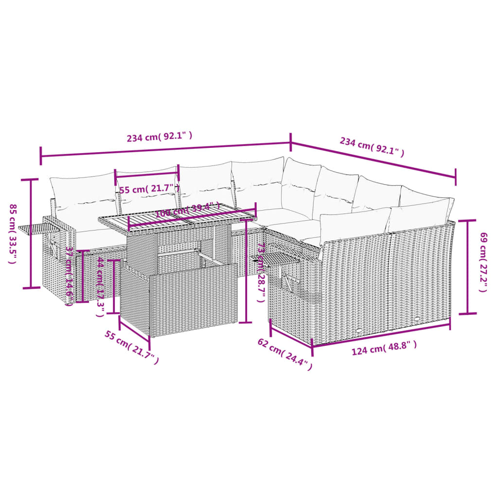 8 pcs conjunto de sofás p/ jardim com almofadões vime PE bege